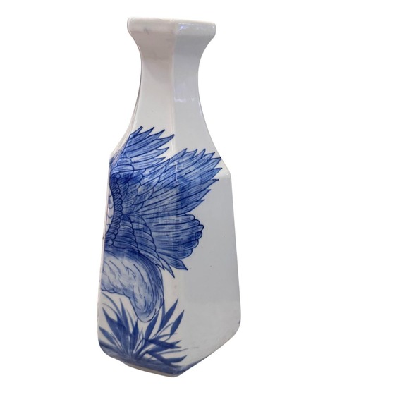 Vintage Blue White Ceramic Vase Crane Bird Asian Hand Painted Thailand